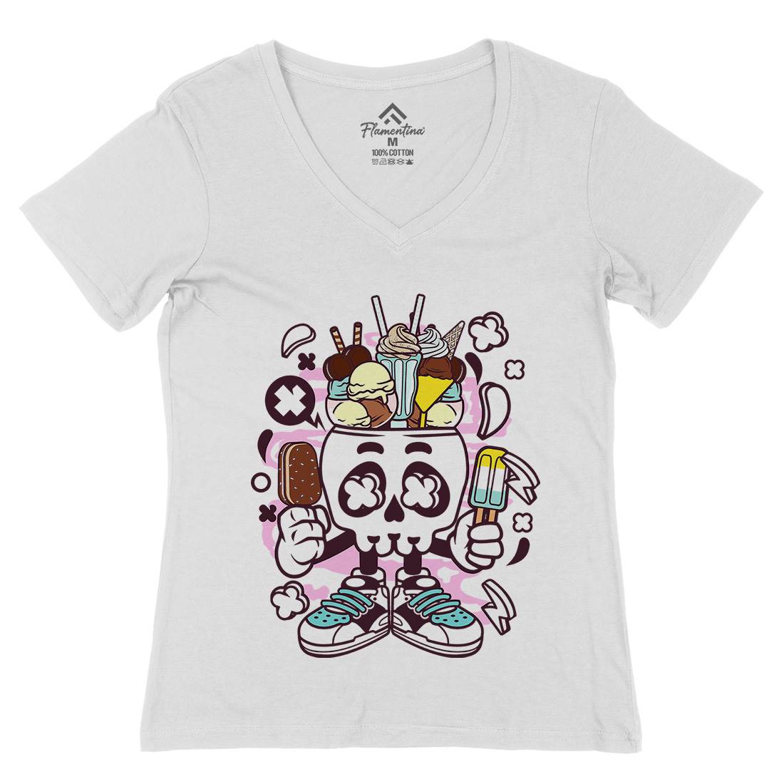 Ice Cream Skull Head Womens Organic V-Neck T-Shirt Food C151