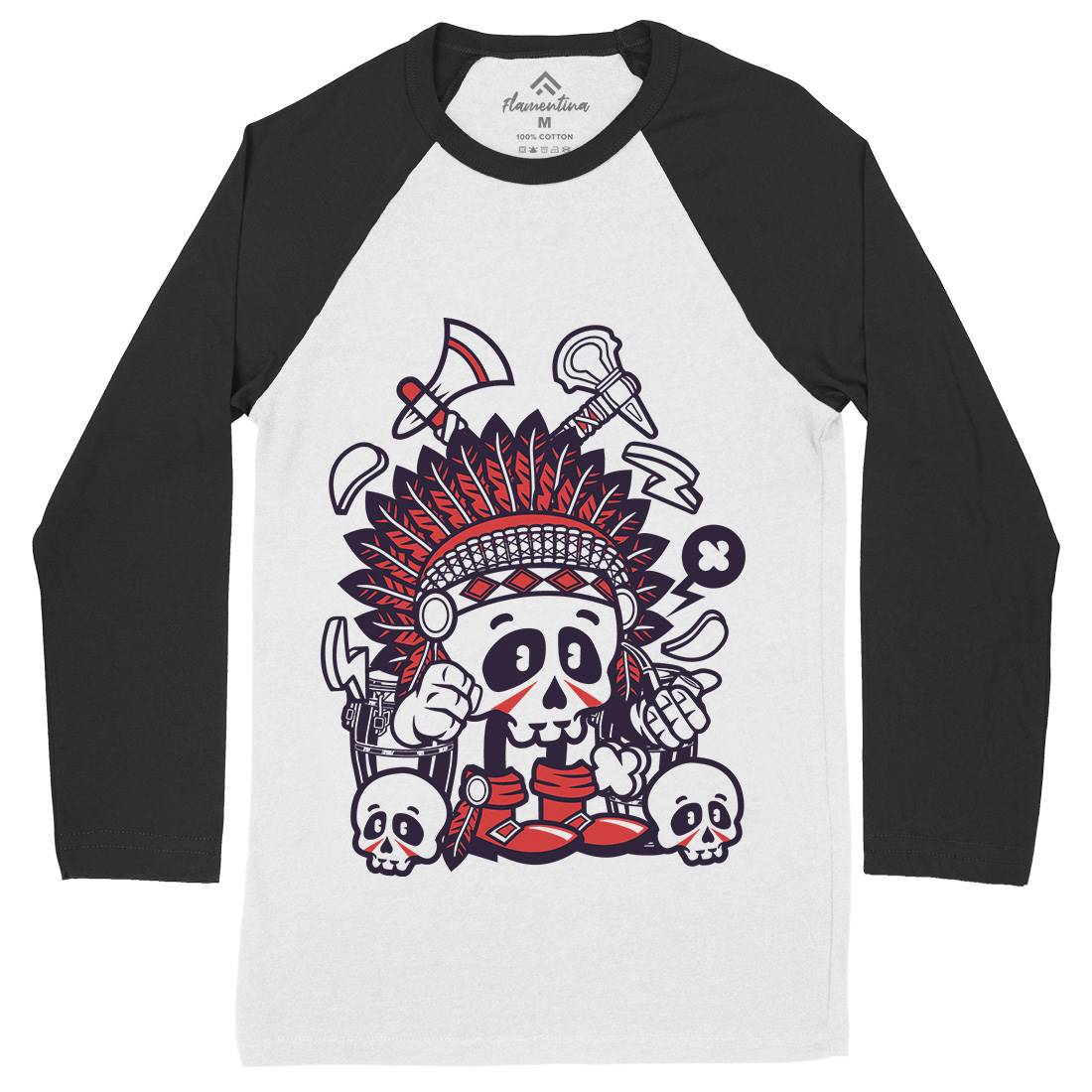 Indian Chief Skull Mens Long Sleeve Baseball T-Shirt American C153