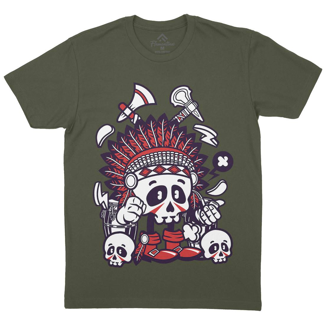 Indian Chief Skull Mens Organic Crew Neck T-Shirt American C153