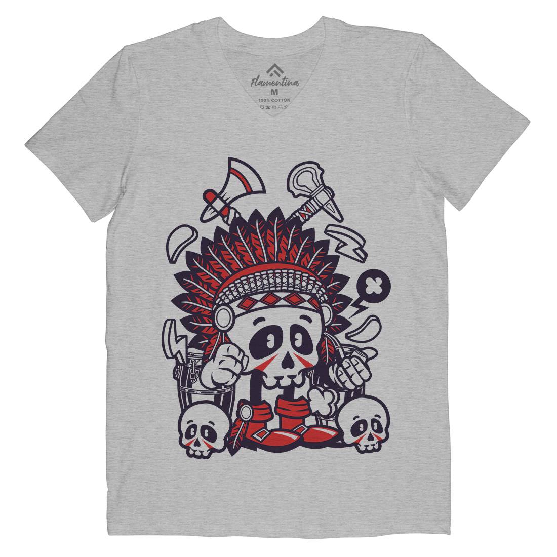Indian Chief Skull Mens Organic V-Neck T-Shirt American C153