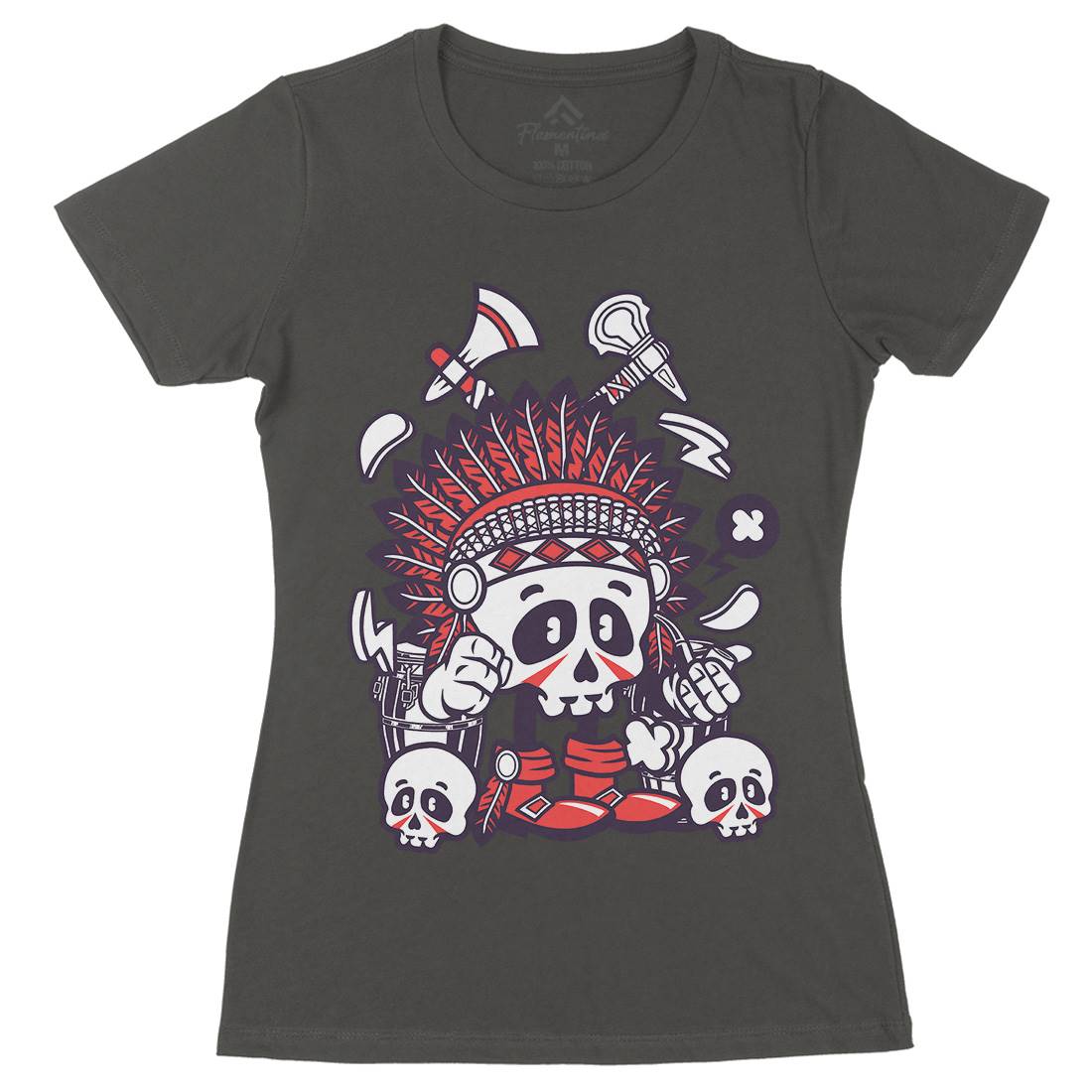 Indian Chief Skull Womens Organic Crew Neck T-Shirt American C153