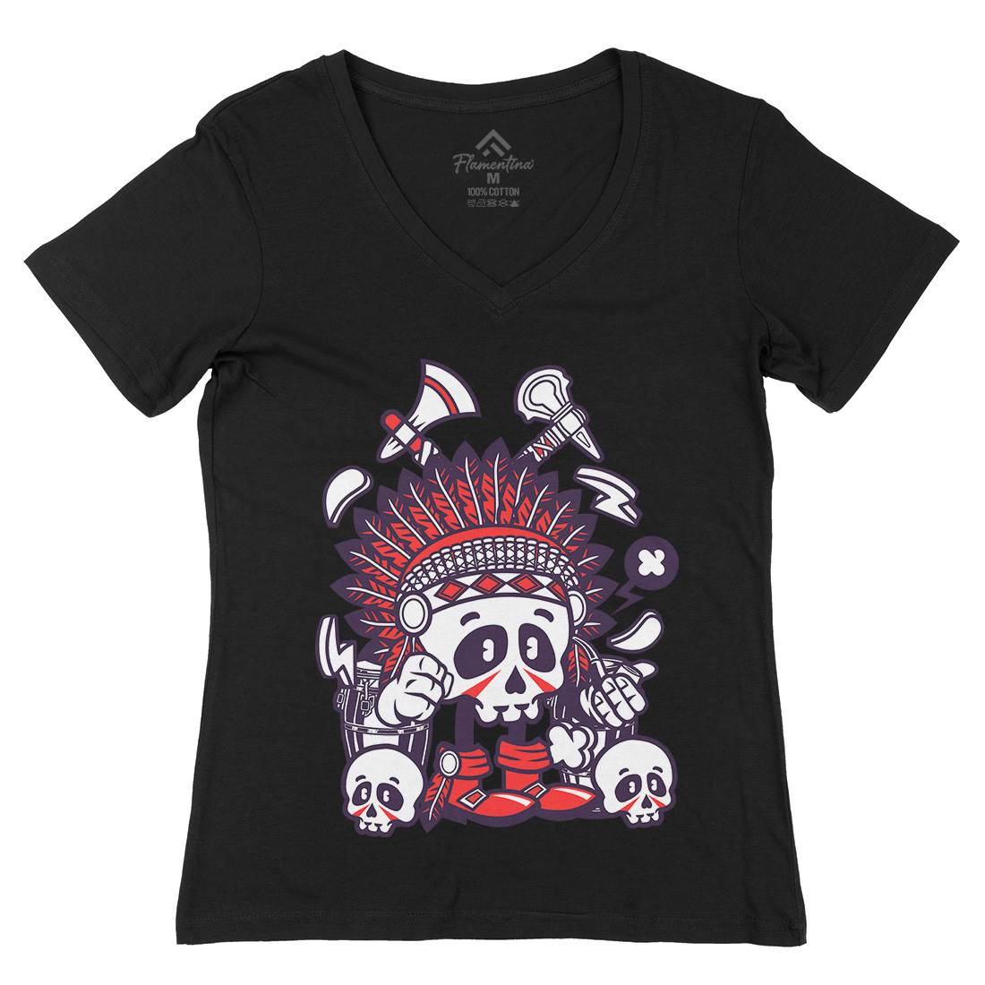 Indian Chief Skull Womens Organic V-Neck T-Shirt American C153