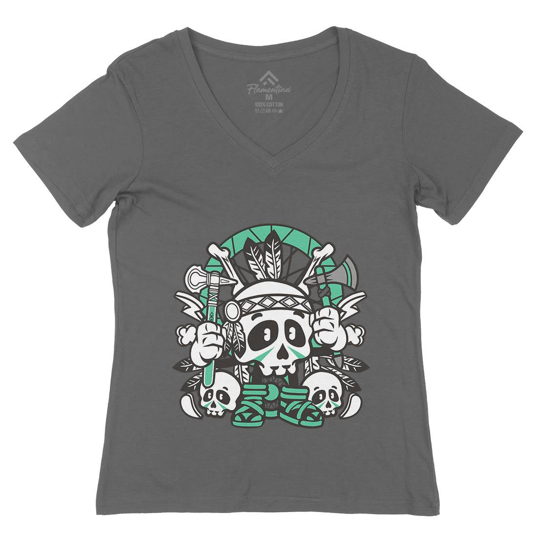 Indian Skull Womens Organic V-Neck T-Shirt American C154
