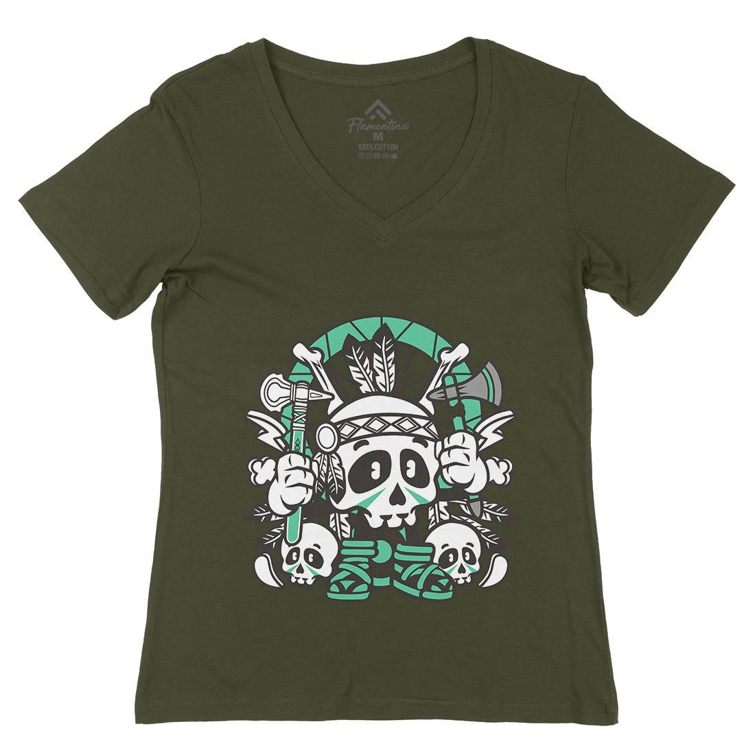 Indian Skull Womens Organic V-Neck T-Shirt American C154