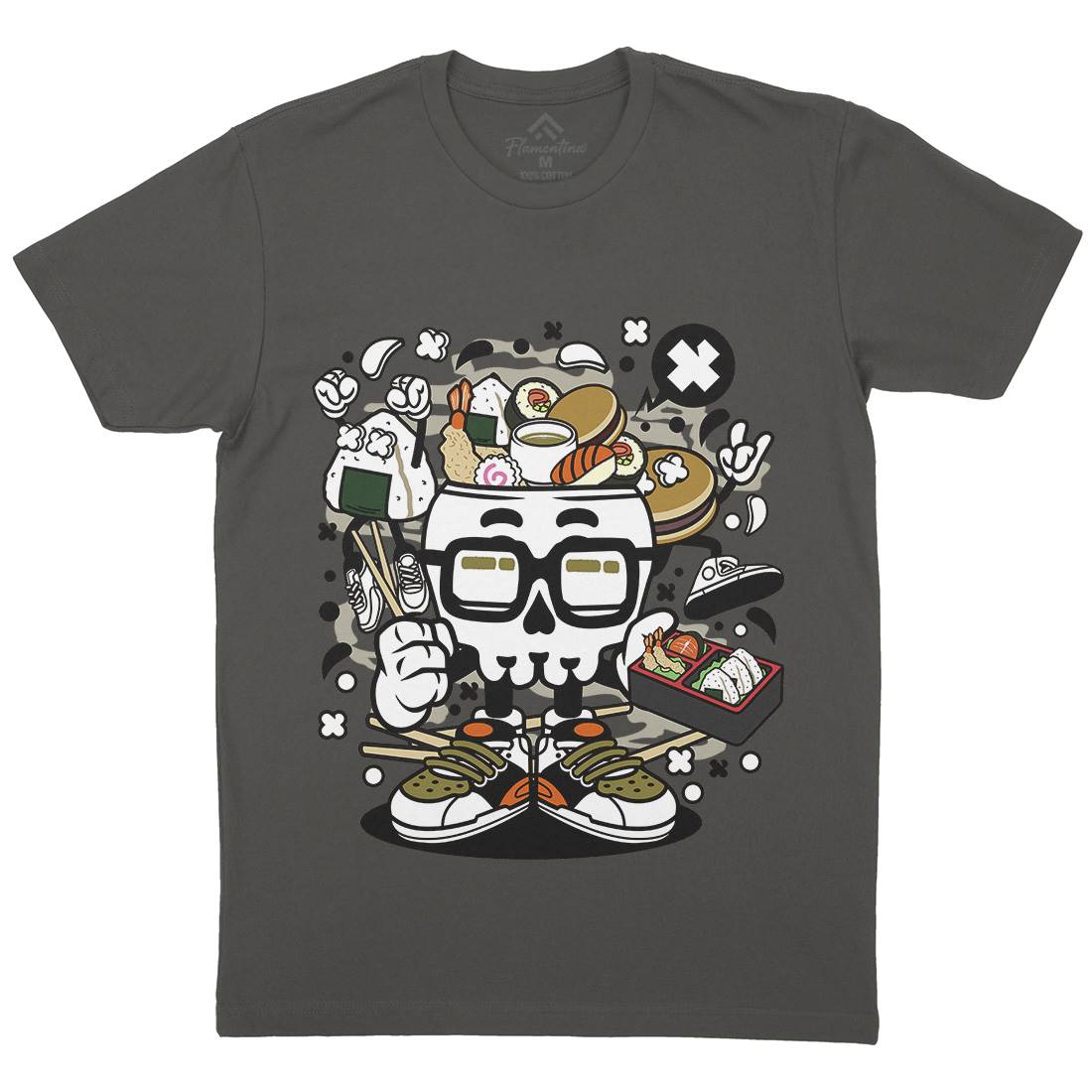 Japanese Skull Mens Organic Crew Neck T-Shirt Food C156