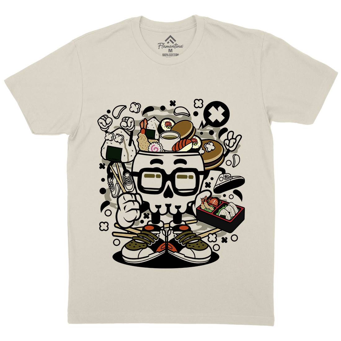 Japanese Skull Mens Organic Crew Neck T-Shirt Food C156