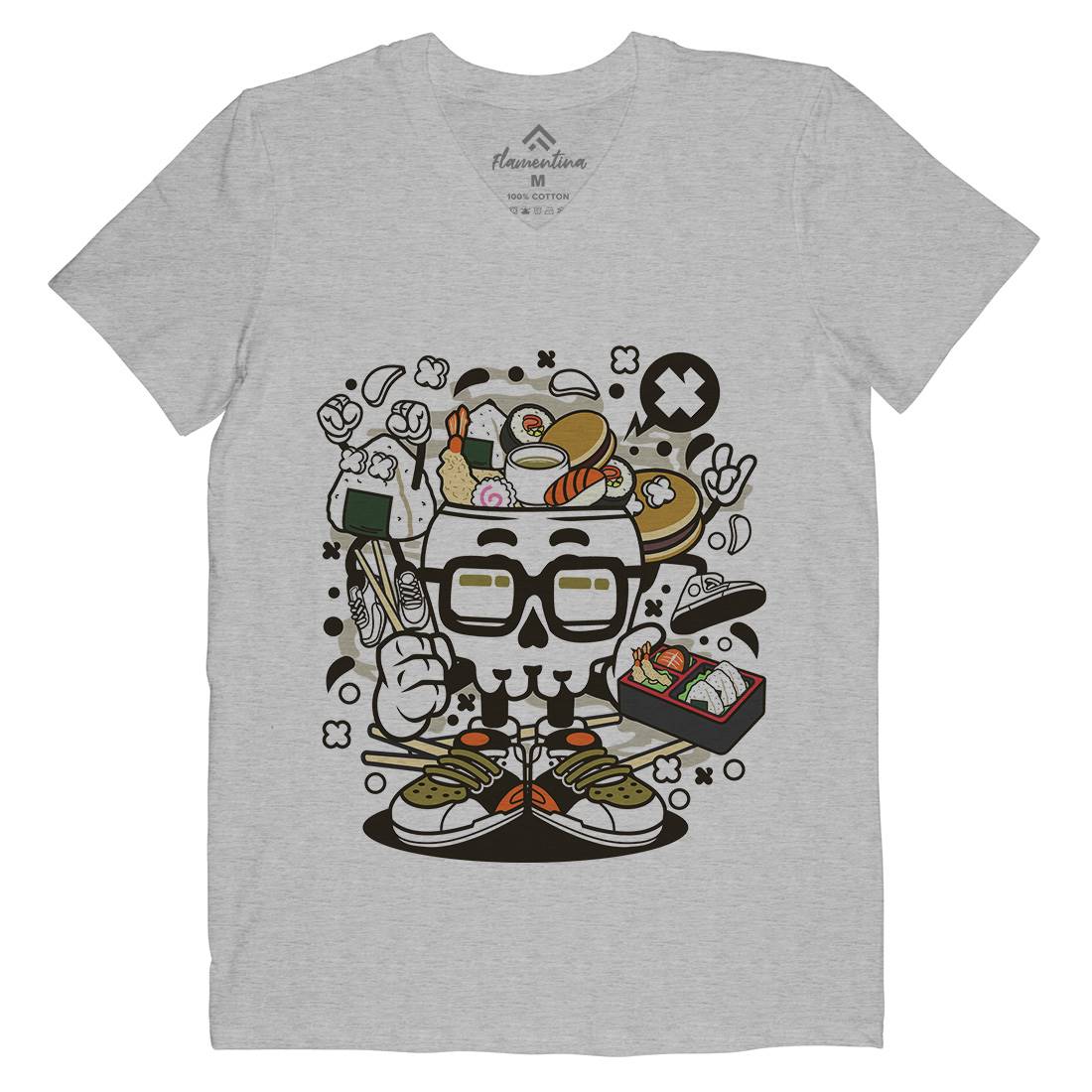 Japanese Skull Mens Organic V-Neck T-Shirt Food C156