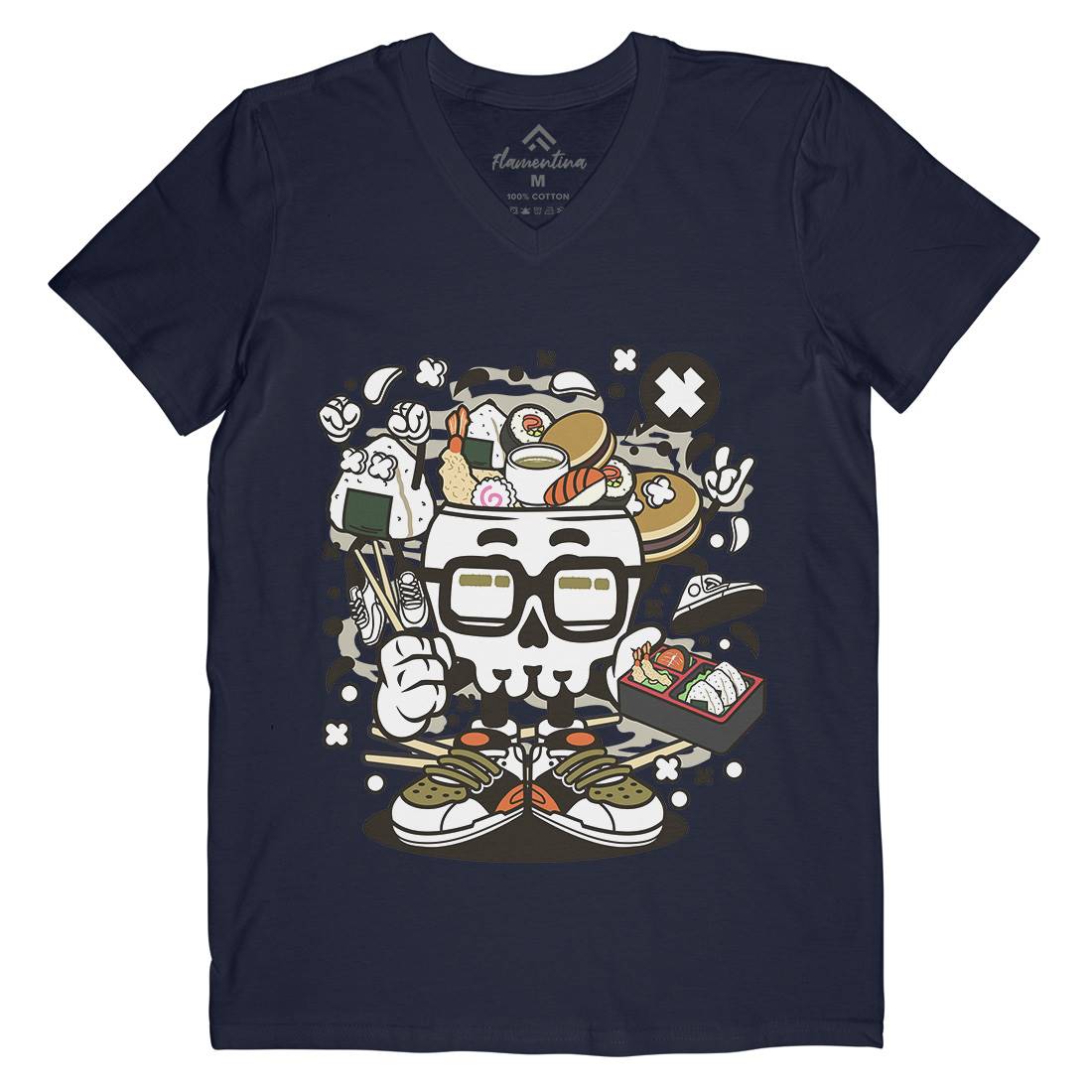 Japanese Skull Mens V-Neck T-Shirt Food C156