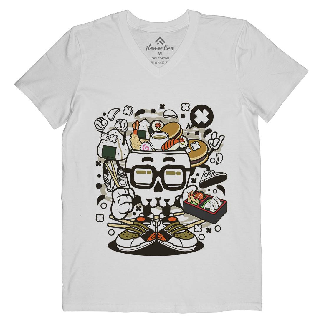 Japanese Skull Mens Organic V-Neck T-Shirt Food C156