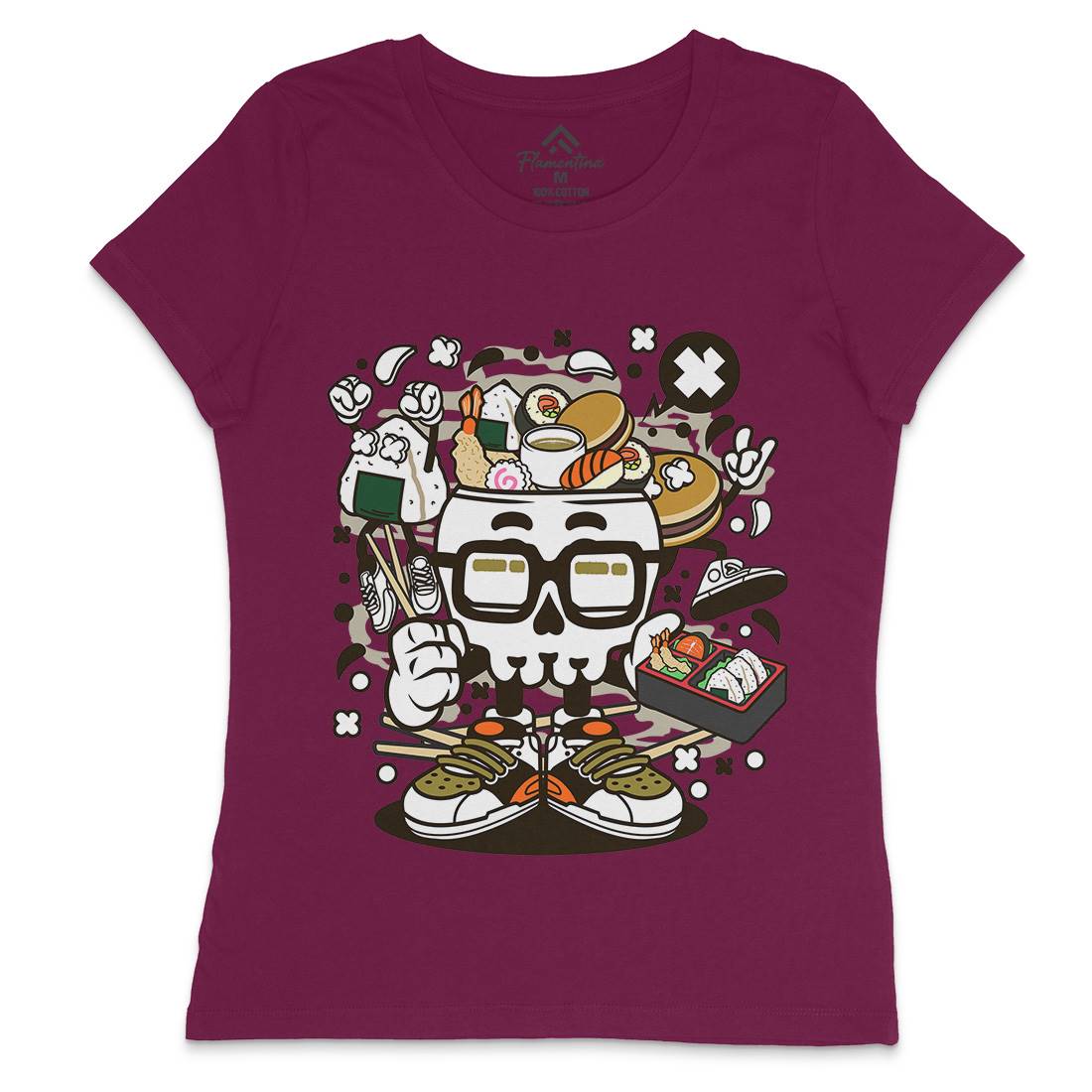 Japanese Skull Womens Crew Neck T-Shirt Food C156
