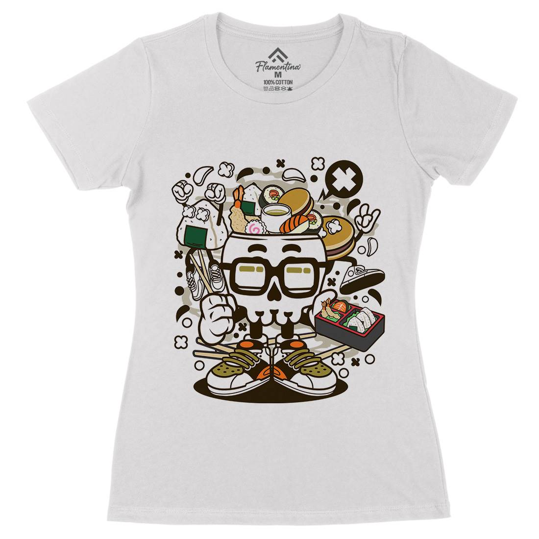 Japanese Skull Womens Organic Crew Neck T-Shirt Food C156