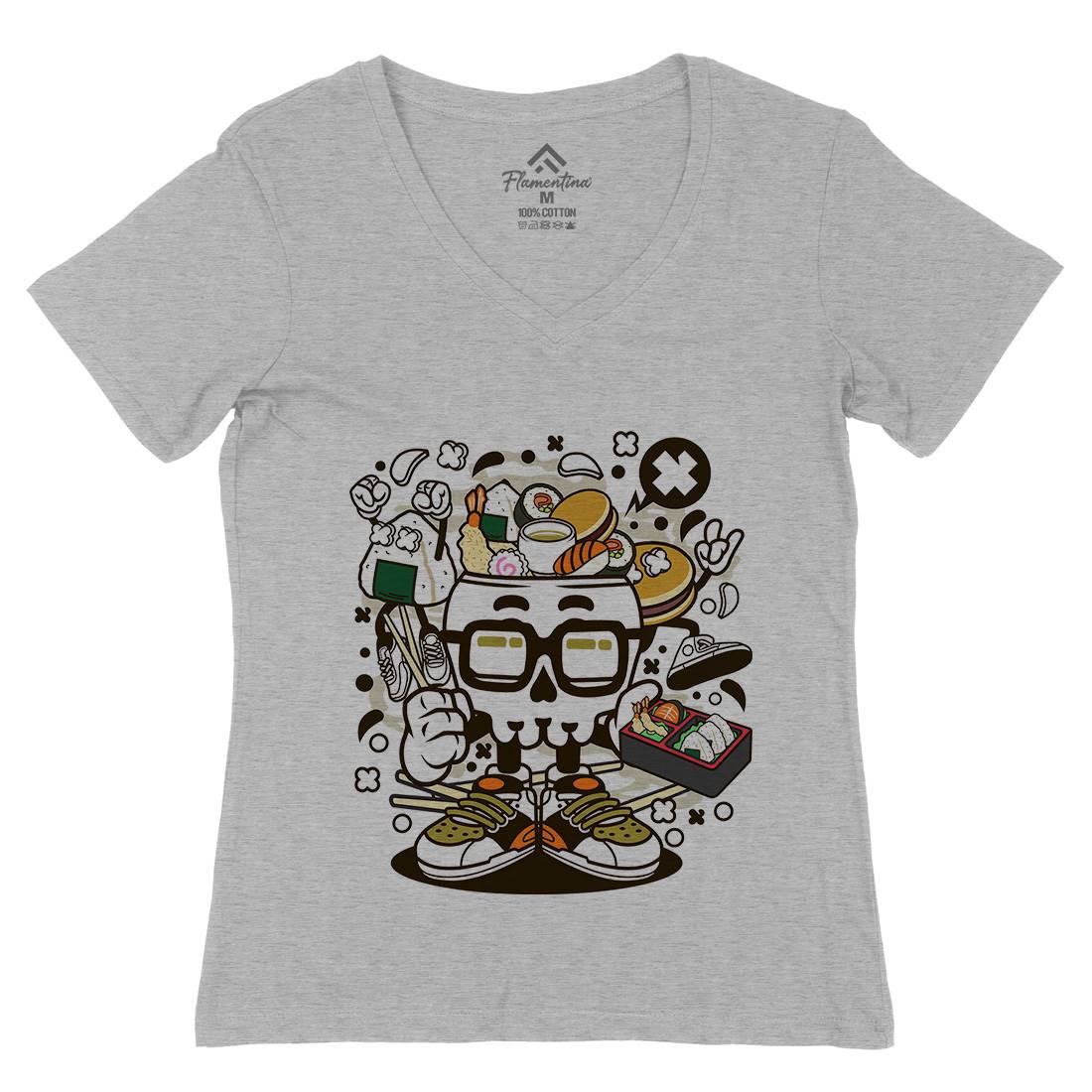 Japanese Skull Womens Organic V-Neck T-Shirt Food C156