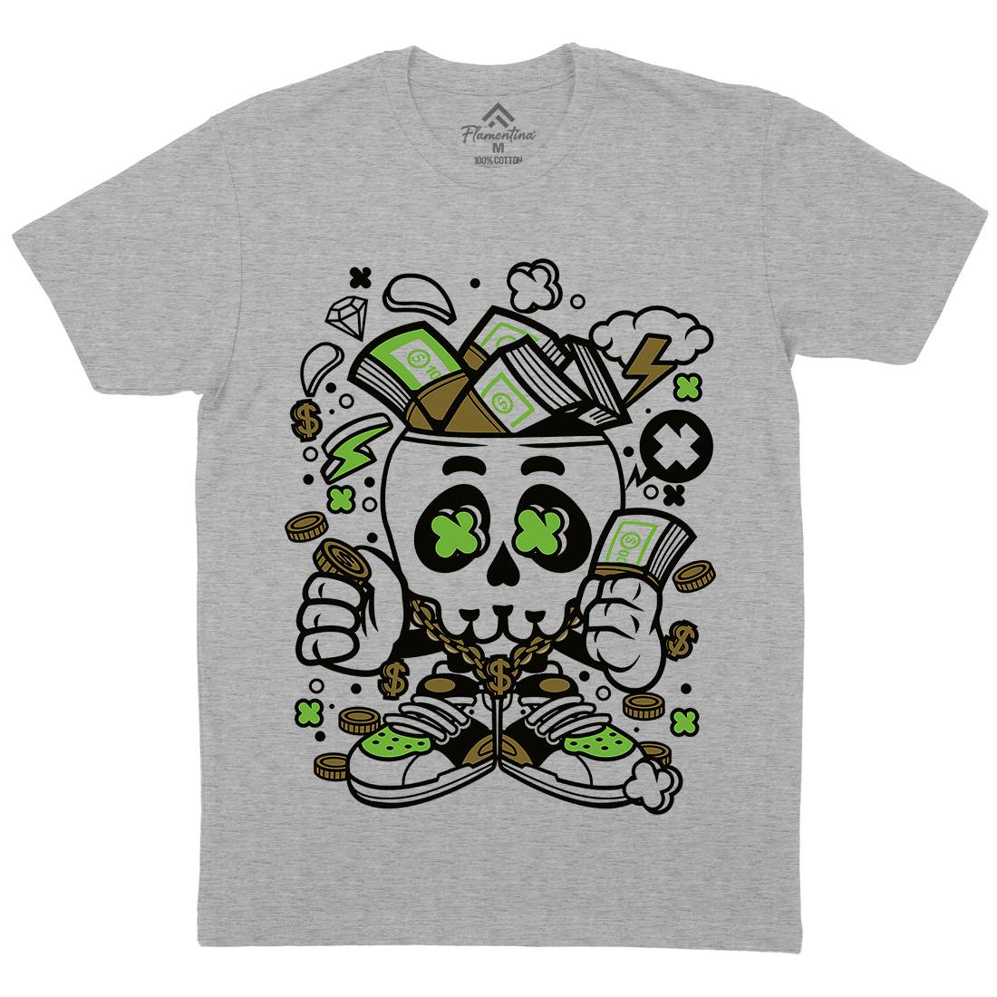 Money Skull Mens Organic Crew Neck T-Shirt Retro C172