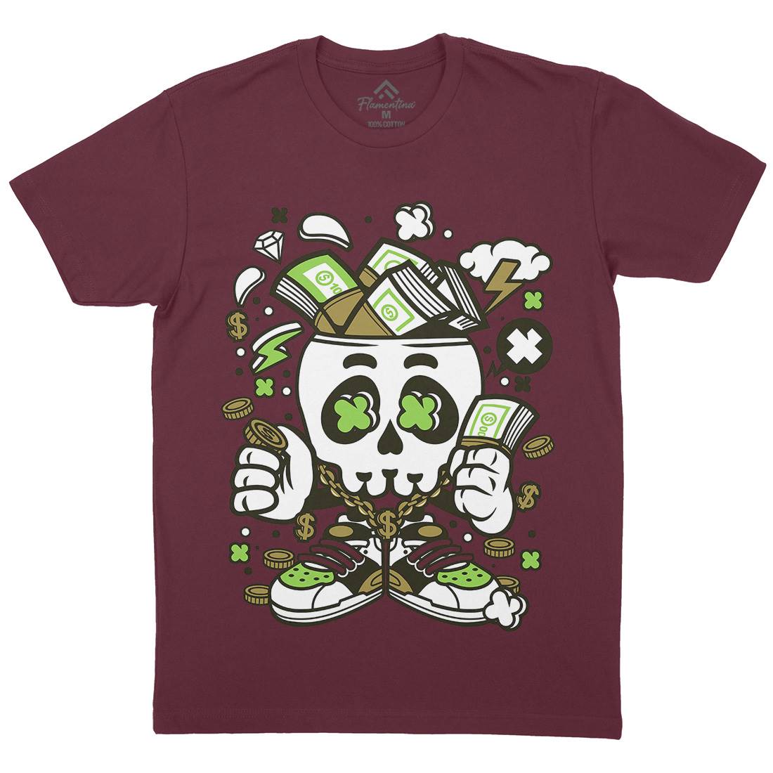 Money Skull Mens Organic Crew Neck T-Shirt Retro C172