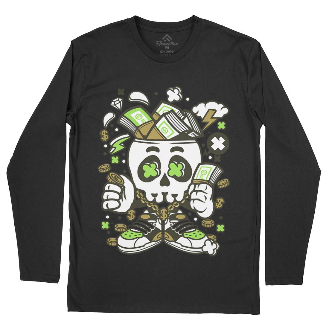 Money Skull Mens Long Sleeve T-Shirt Retro C172