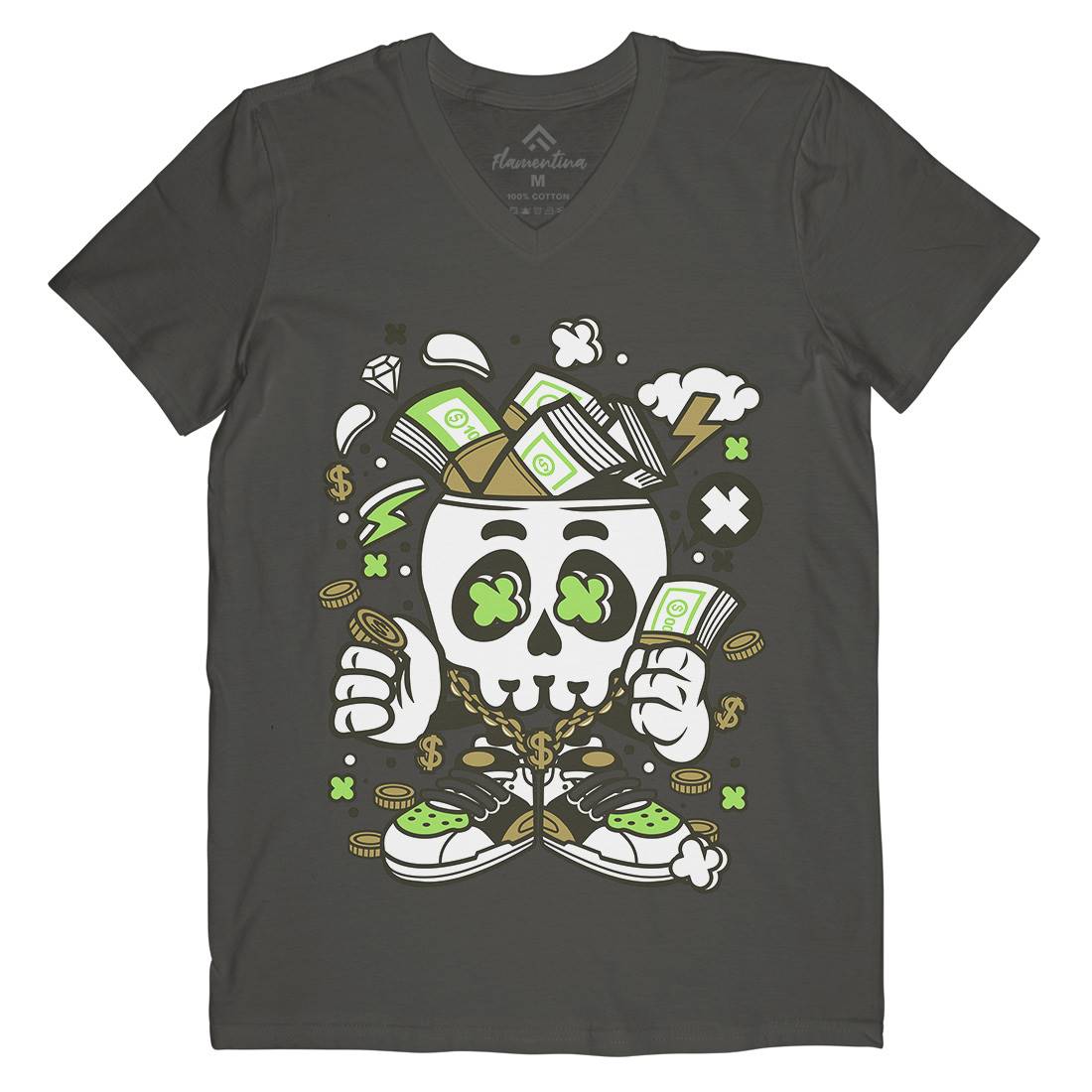 Money Skull Mens V-Neck T-Shirt Retro C172
