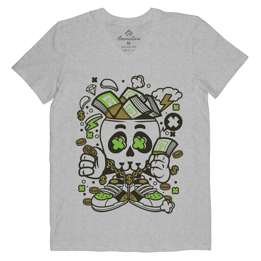Money Skull Mens Organic V-Neck T-Shirt Retro C172