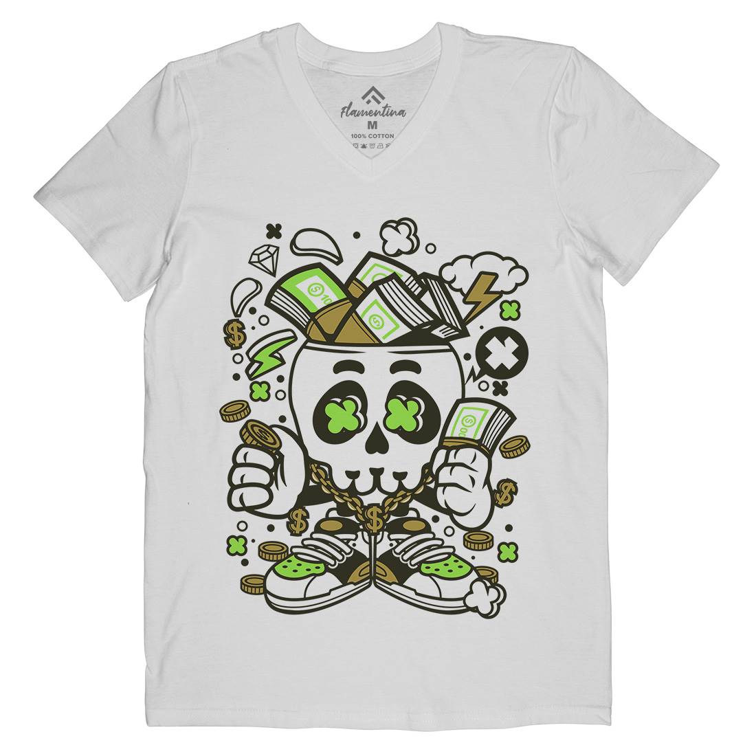 Money Skull Mens V-Neck T-Shirt Retro C172