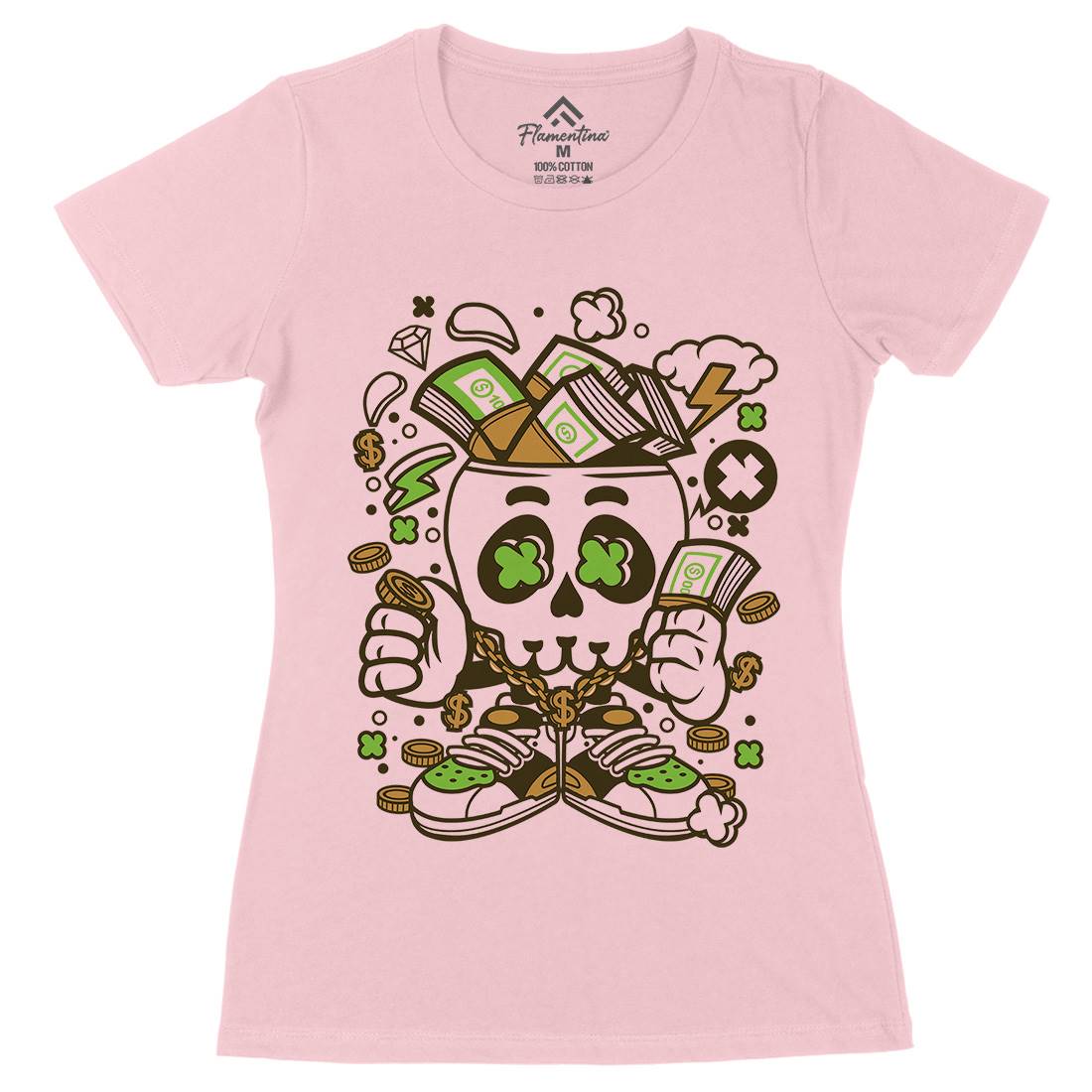 Money Skull Womens Organic Crew Neck T-Shirt Retro C172