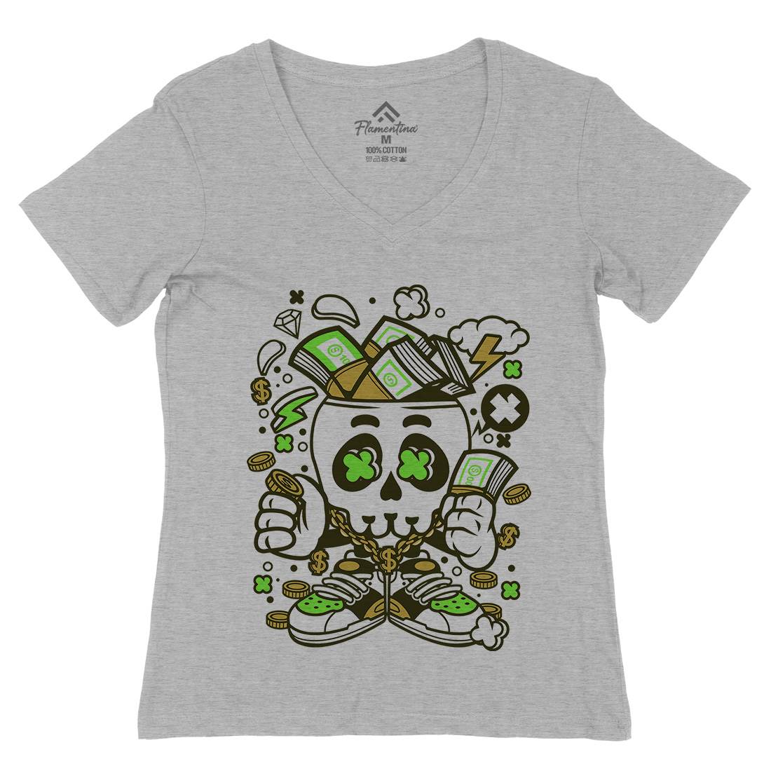 Money Skull Womens Organic V-Neck T-Shirt Retro C172