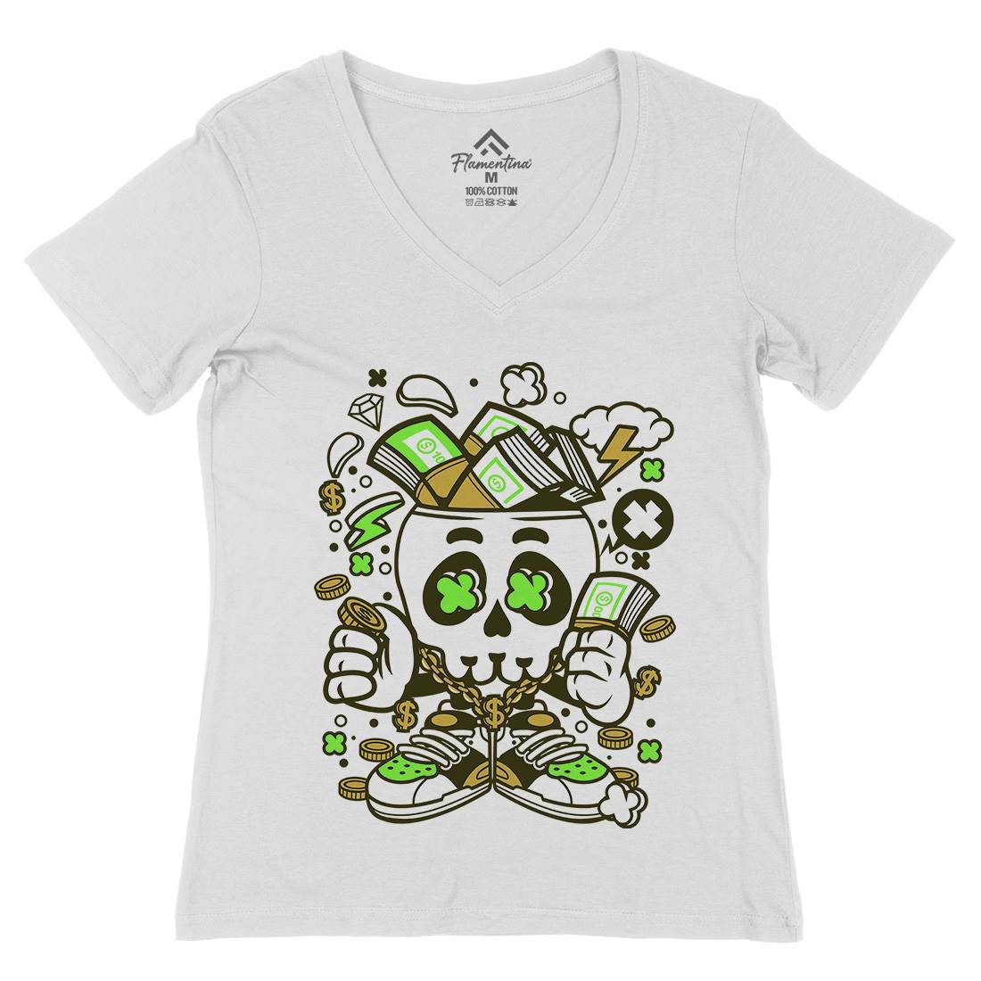 Money Skull Womens Organic V-Neck T-Shirt Retro C172