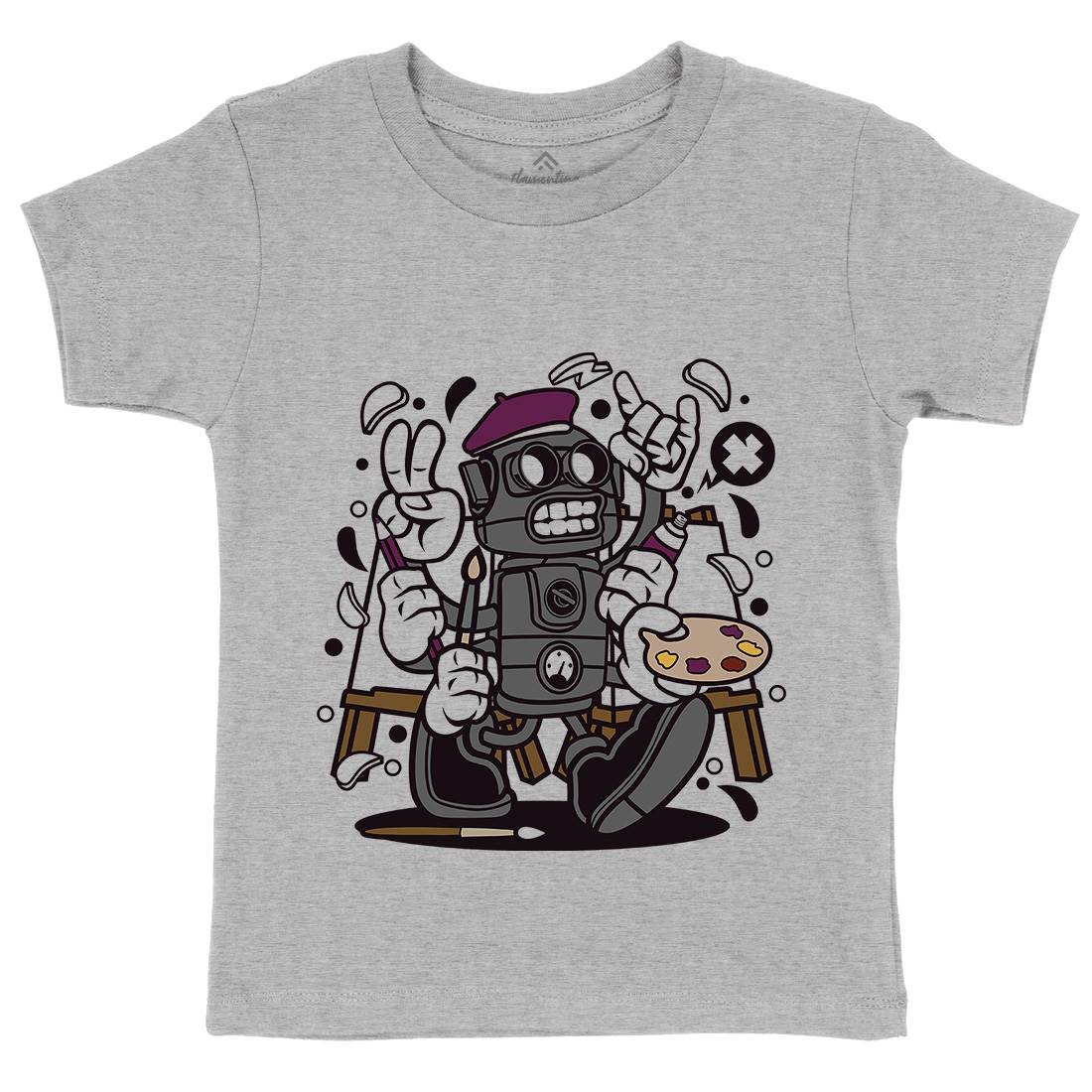 Painter Robot Kids Crew Neck T-Shirt Retro C182