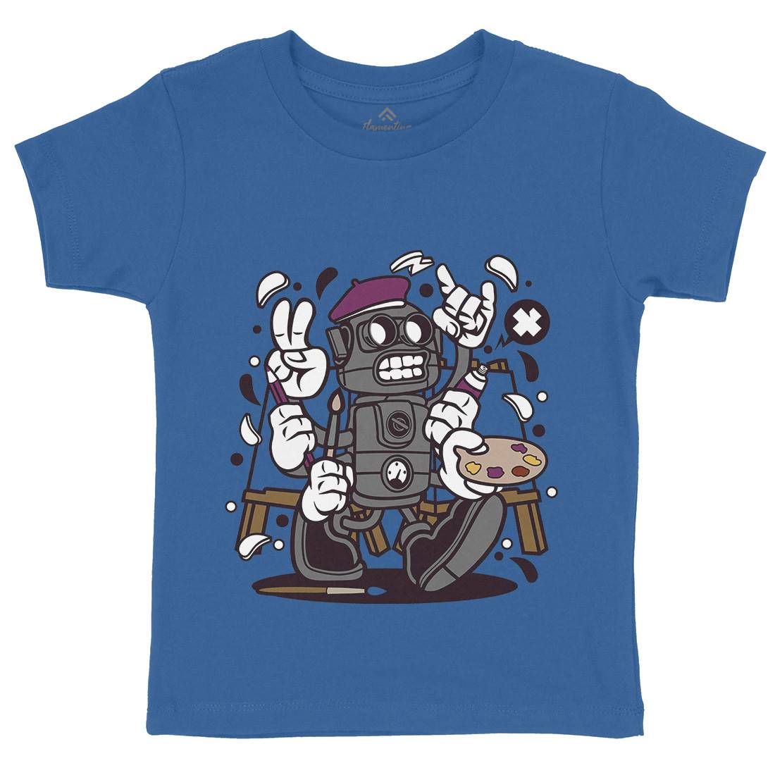 Painter Robot Kids Crew Neck T-Shirt Retro C182