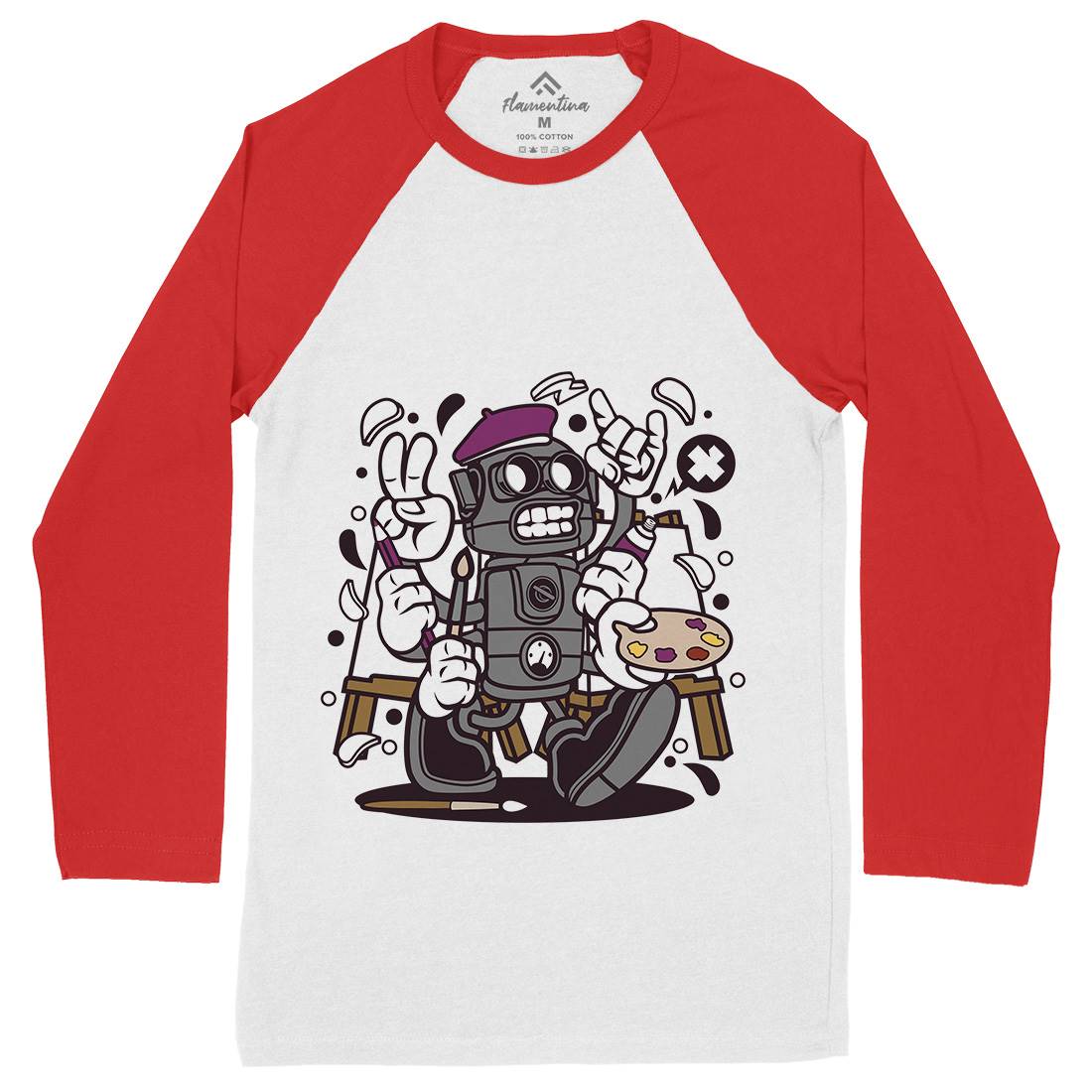 Painter Robot Mens Long Sleeve Baseball T-Shirt Retro C182