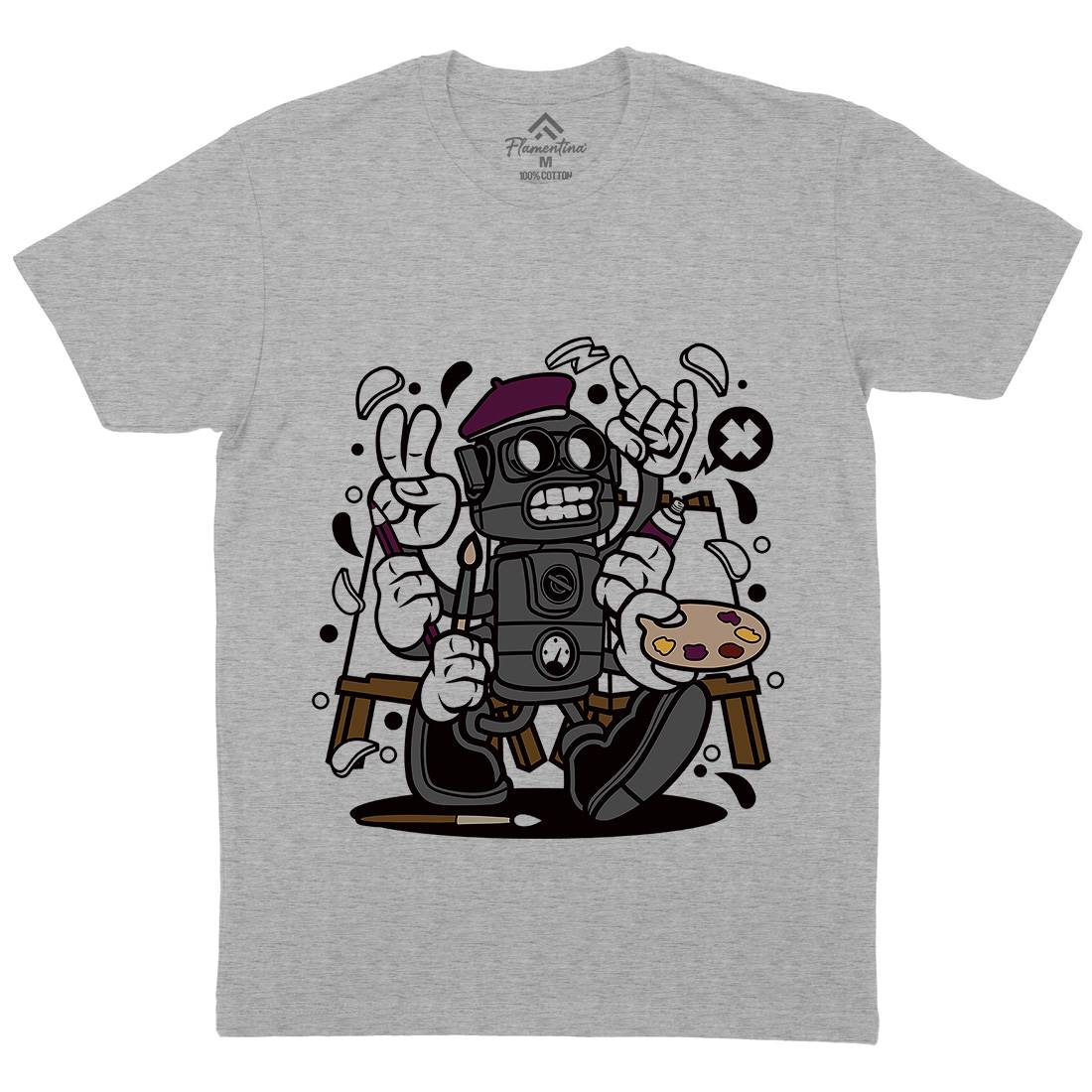 Painter Robot Mens Organic Crew Neck T-Shirt Retro C182