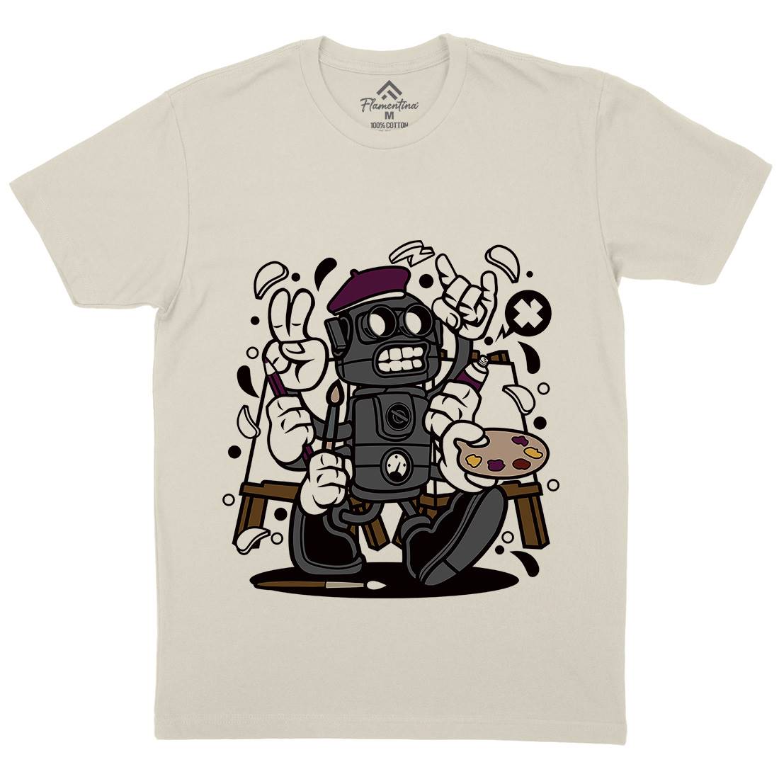 Painter Robot Mens Organic Crew Neck T-Shirt Retro C182