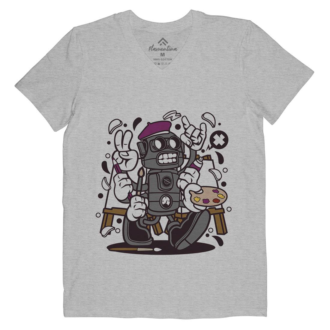 Painter Robot Mens V-Neck T-Shirt Retro C182
