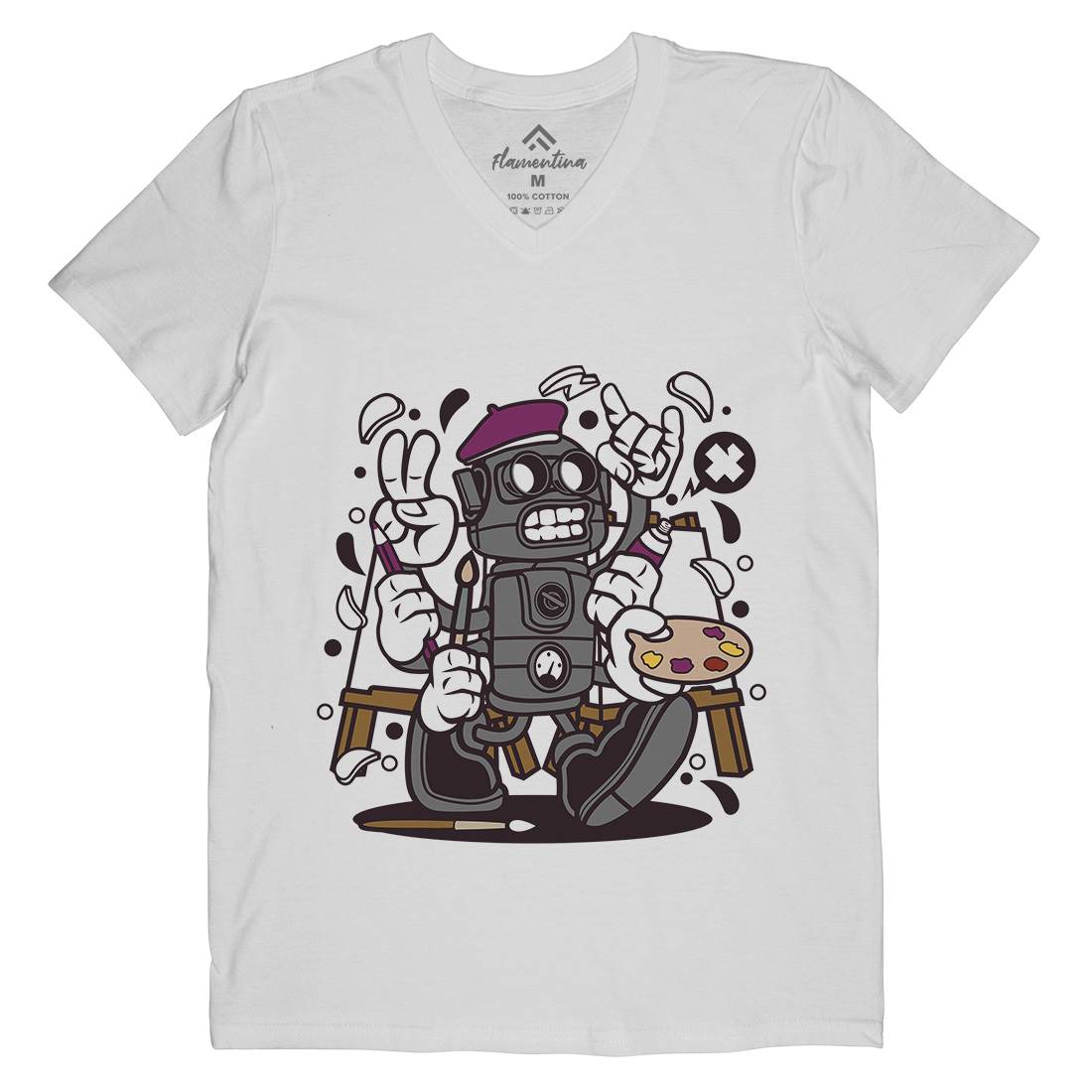 Painter Robot Mens V-Neck T-Shirt Retro C182