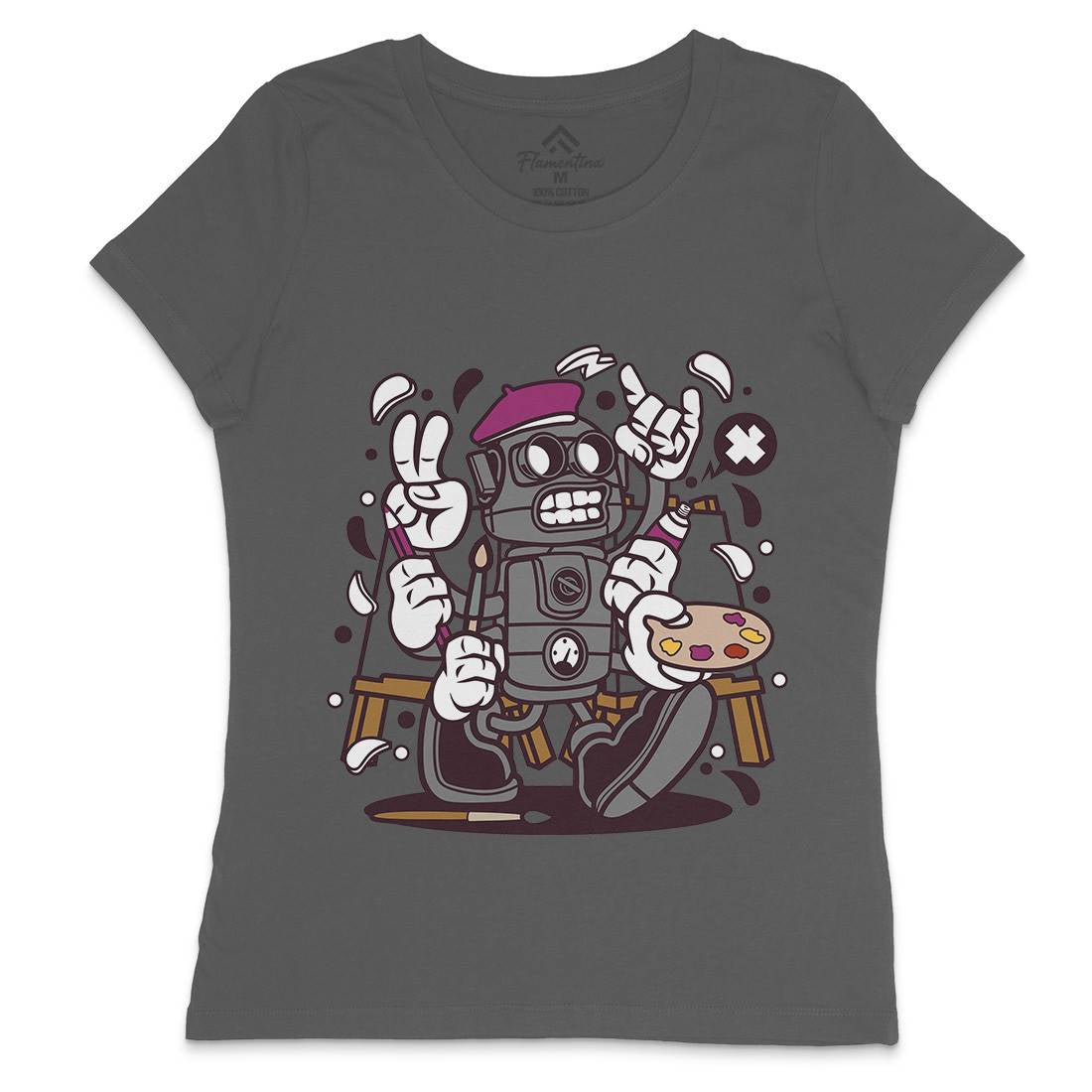 Painter Robot Womens Crew Neck T-Shirt Retro C182