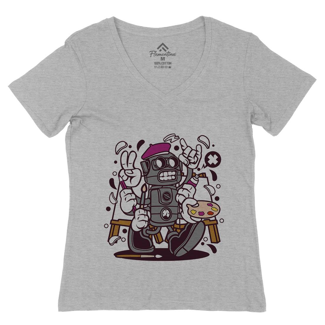 Painter Robot Womens Organic V-Neck T-Shirt Retro C182