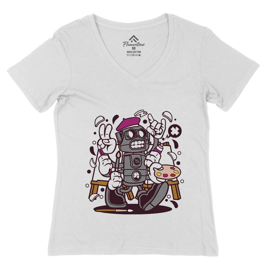 Painter Robot Womens Organic V-Neck T-Shirt Retro C182