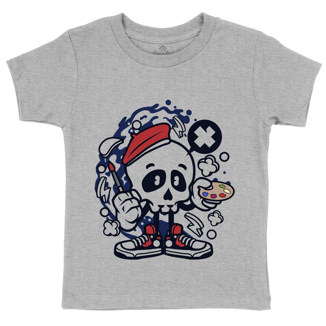 Painter Skull Kids Organic Crew Neck T-Shirt Retro C183