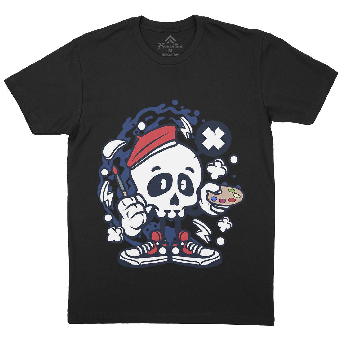 Painter Skull Mens Organic Crew Neck T-Shirt Retro C183