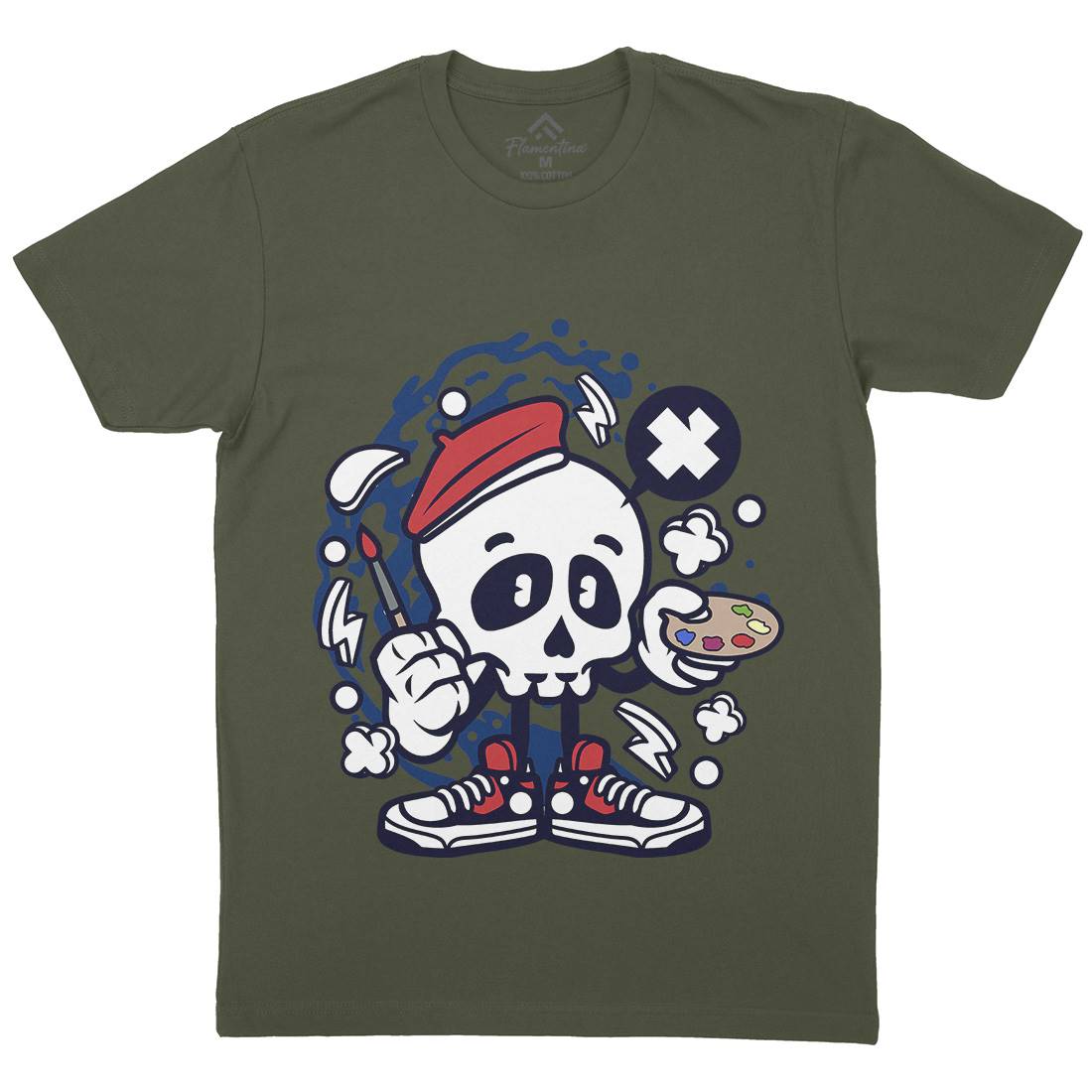 Painter Skull Mens Organic Crew Neck T-Shirt Retro C183