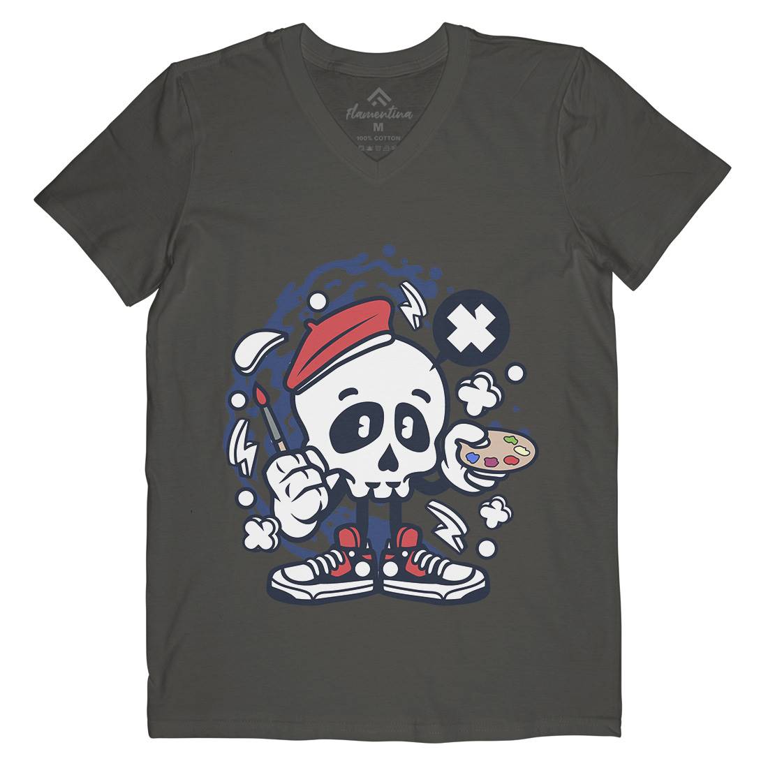 Painter Skull Mens V-Neck T-Shirt Retro C183