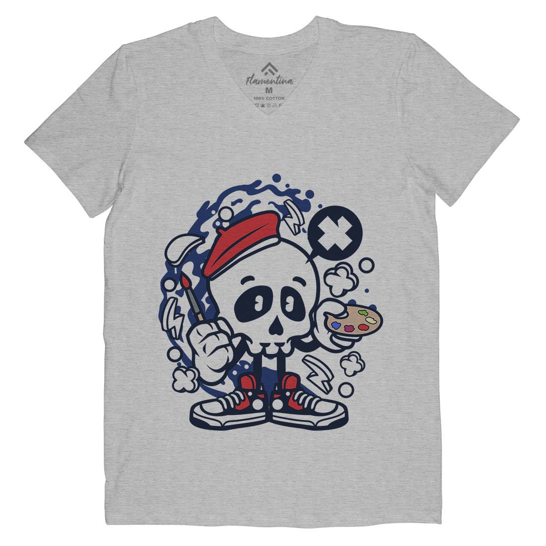 Painter Skull Mens Organic V-Neck T-Shirt Retro C183