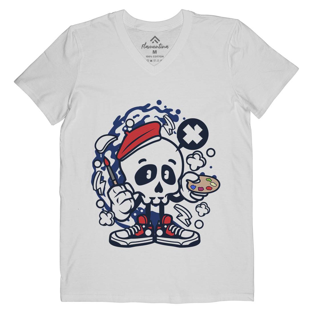 Painter Skull Mens Organic V-Neck T-Shirt Retro C183