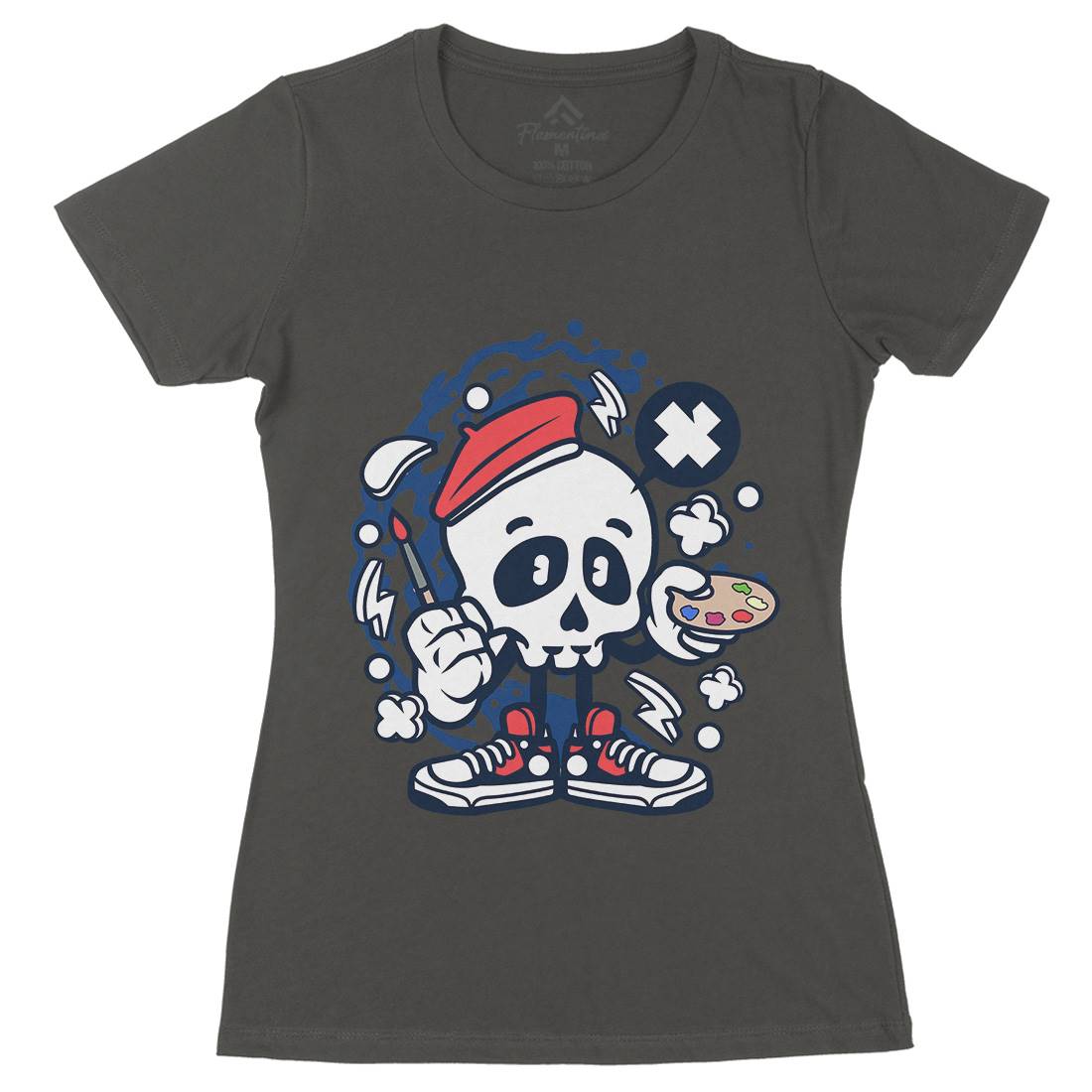 Painter Skull Womens Organic Crew Neck T-Shirt Retro C183
