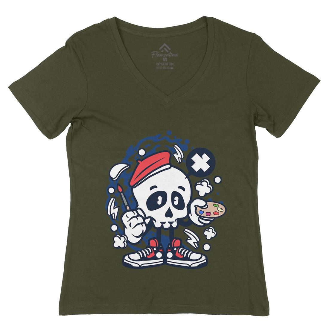Painter Skull Womens Organic V-Neck T-Shirt Retro C183