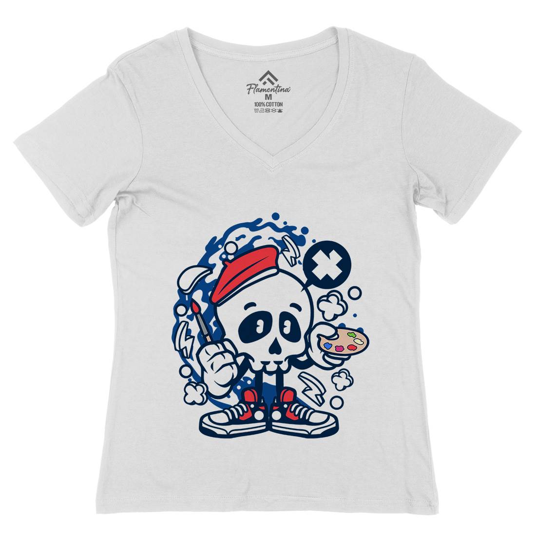 Painter Skull Womens Organic V-Neck T-Shirt Retro C183