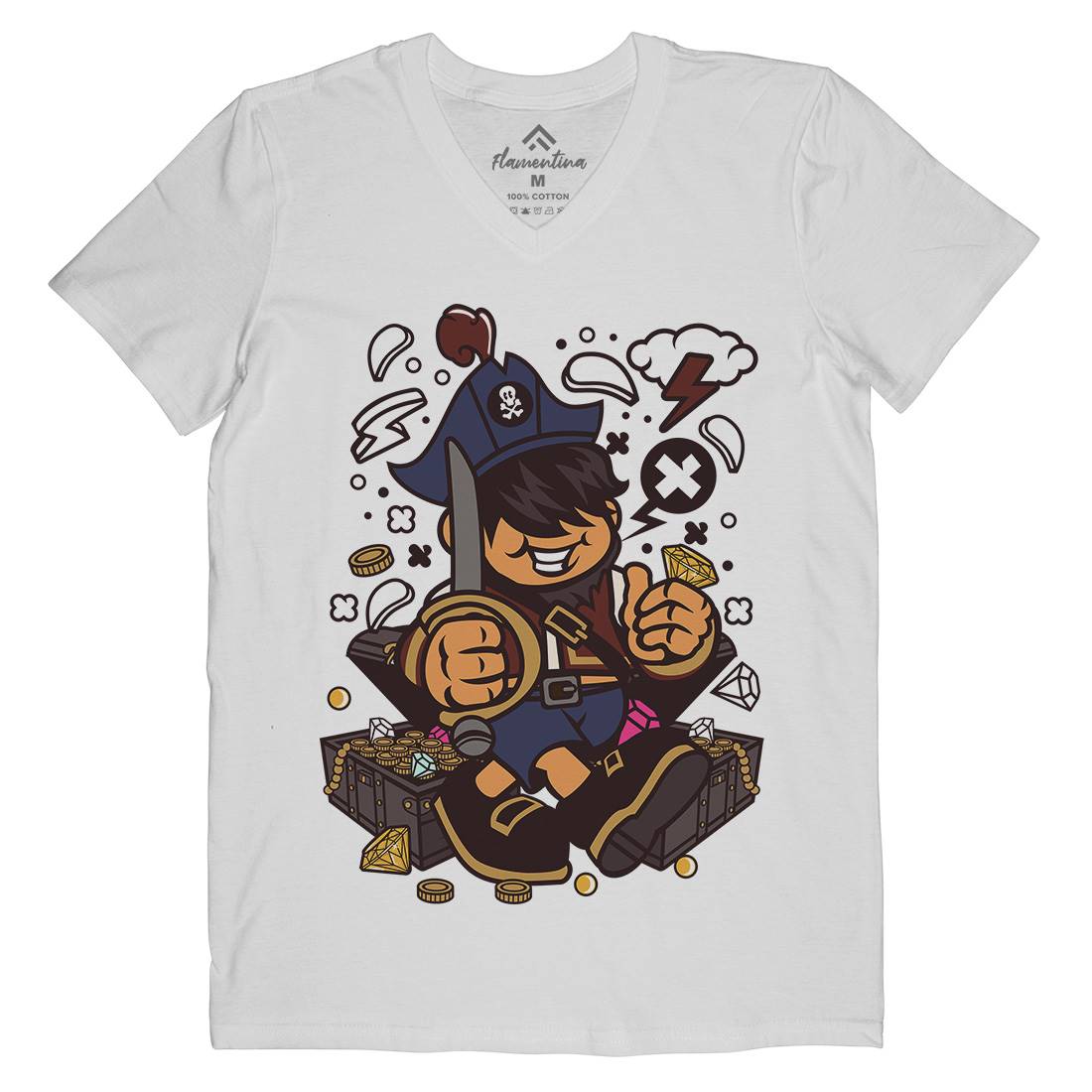 Pirate Kid Mens Organic V-Neck T-Shirt Navy C191