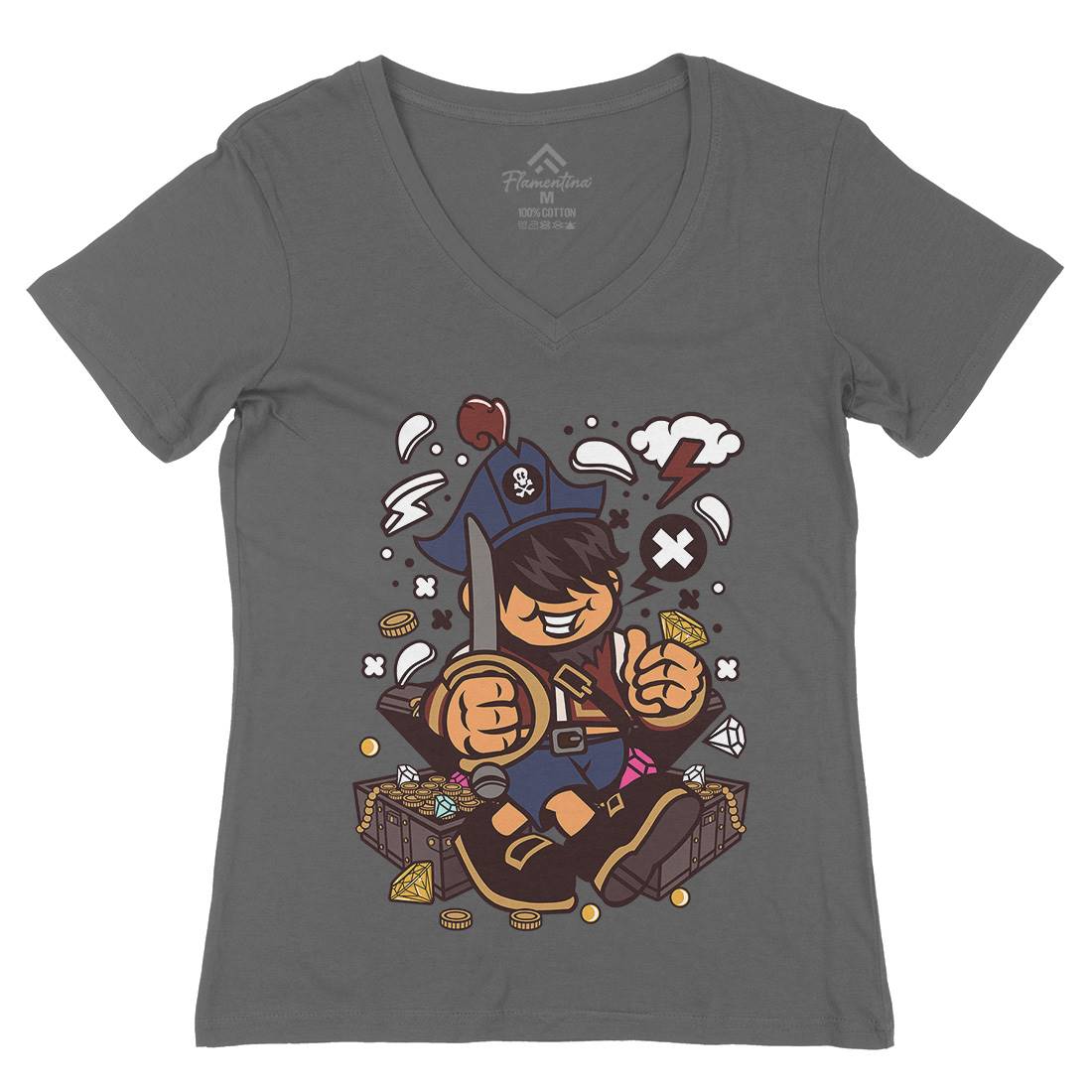 Pirate Kid Womens Organic V-Neck T-Shirt Navy C191
