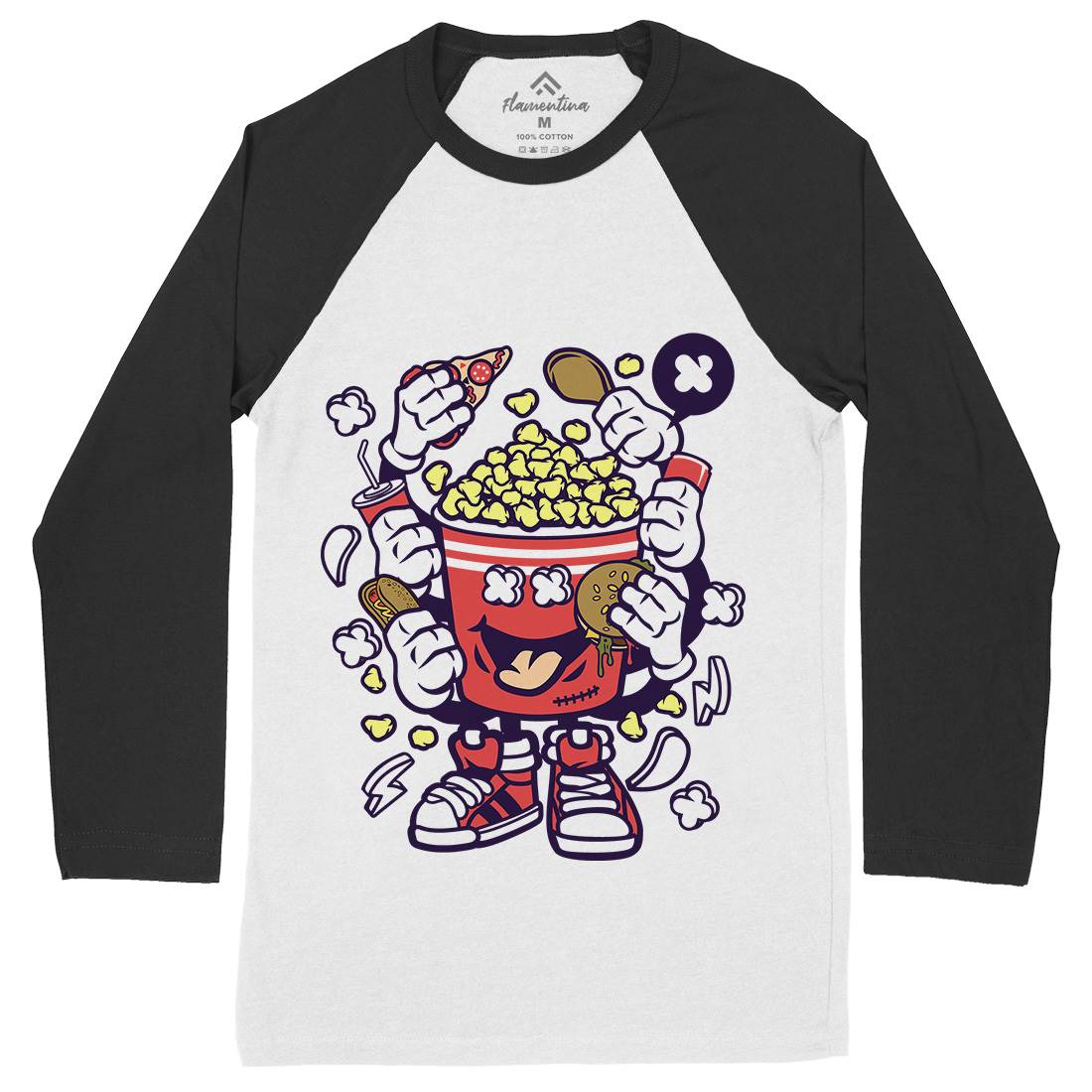 Popcorn Monster Mens Long Sleeve Baseball T-Shirt Food C197