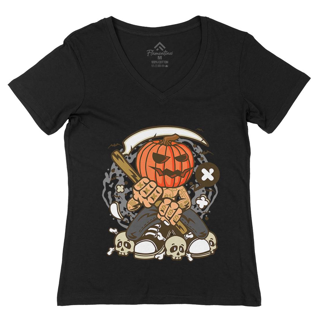 Pumpkins Reaper Womens Organic V-Neck T-Shirt Halloween C199