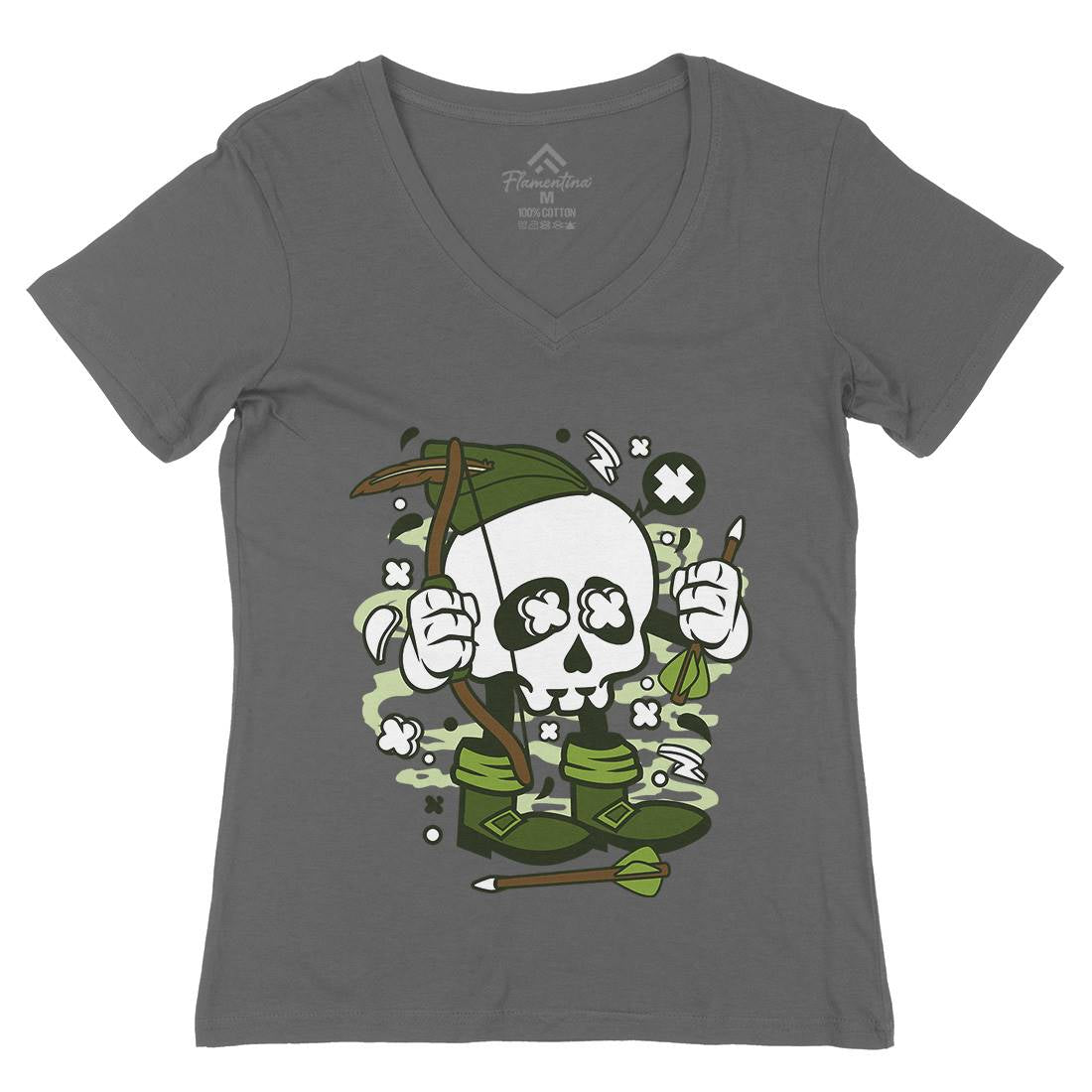 Robin Hood Skull Womens Organic V-Neck T-Shirt Warriors C205