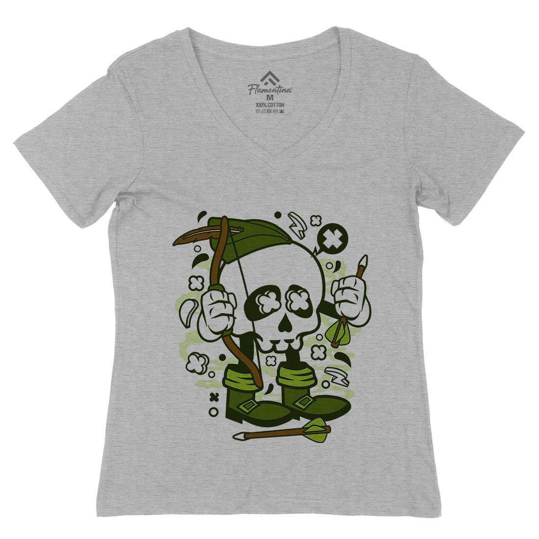 Robin Hood Skull Womens Organic V-Neck T-Shirt Warriors C205